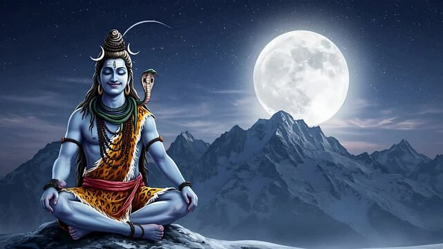 Loard shiva hindu god, meditating on mountain top, crescent moon in night sky, dramatic lighting, detailed clouds, majestic mountains, cinematic composition, highly detailed digital painting