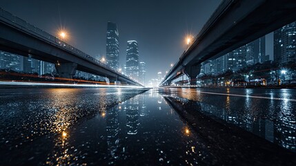 Fototapeta premium A futuristic city street at night with a bridge, reflections on wet asphalt, and skyscrapers in the background. High-resolution photography, detailed skin texture, photo-realistic landscapes, 