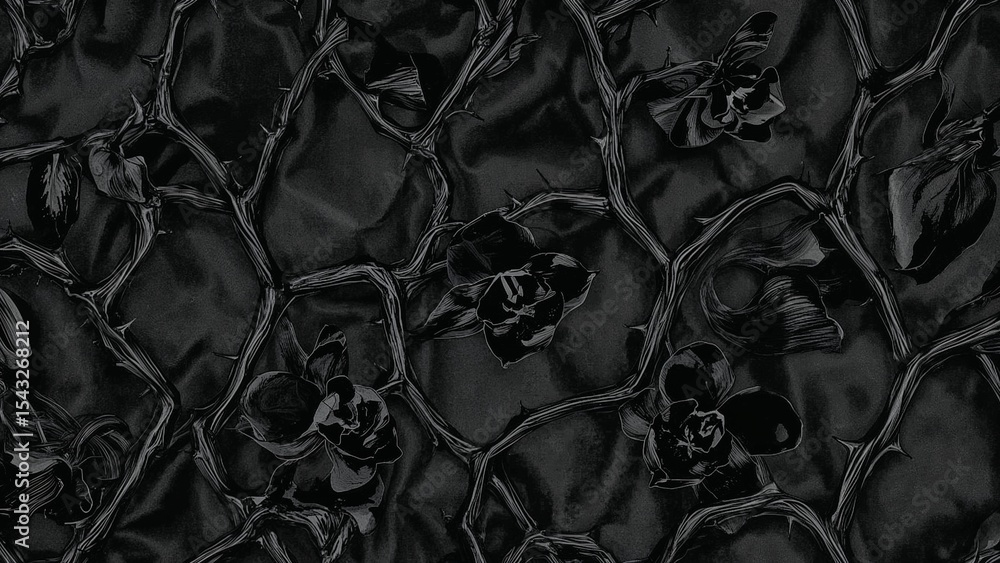 Poster dark floral pattern with thorny branches and roses creating a textured and somber background design