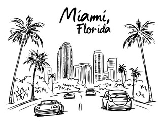 Fototapeta premium miami florida palm trees and road hand drawn illustration