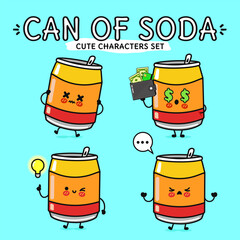 A collection of cute soda can characters displaying emotions such as joy, anger, and ideas.
