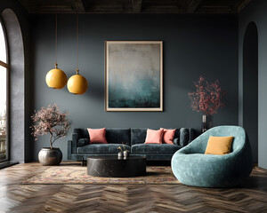 Mockup poster frame on the wall of living room. Luxurious apartment background with contemporary design. Modern interior design. 3D render, 3D illustration