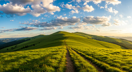 Fototapeta premium Rolling Green Hills Sunset Landscape Dirt Road Path Meadow Grassland Summer Day Sky Clouds rolling hills