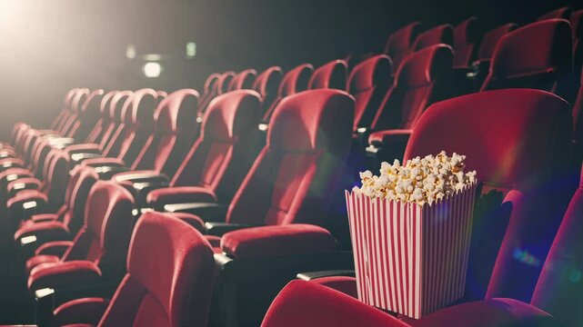 Popcorn bucket sitting on velvet seat, casting soft glow across darkened cinema interior before movie premiere