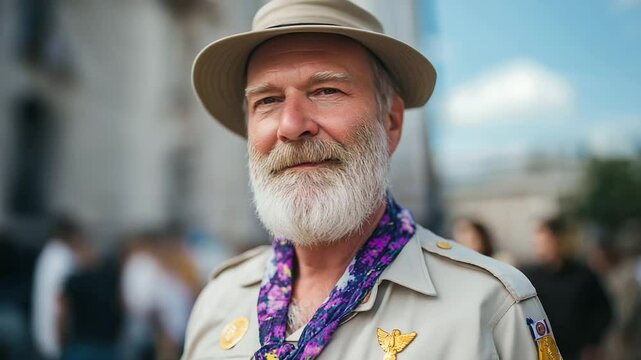 Close-up of a veteran scout uniform adorned with badges and remembrance symbols.