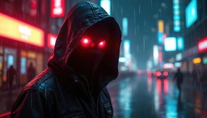 Mysterious hooded figure with glowing red eyes stands in cyberpunk city at night. Rain, neon lights, dark, futuristic atmosphere. Anonymous hacker in urban environment of digital metropolis.