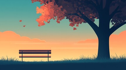 Obraz premium Empty park bench beneath a large tree at sunset.