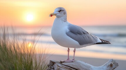 Seagull perched on driftwood at sunrise