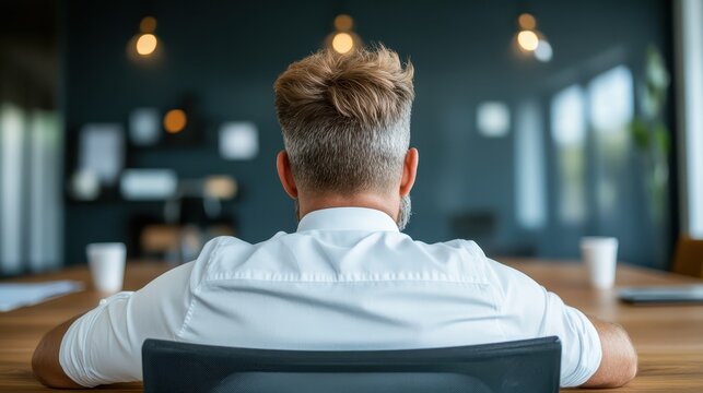 A man with stylish hair sits in a modern office, deep in thought. The ambiance is professional, featuring earthy tones and soft lighting that suggest productivity and focus.