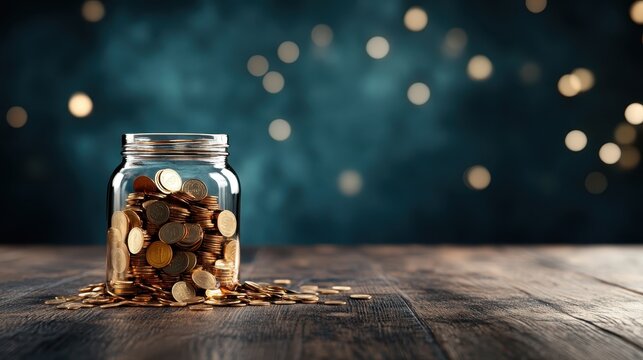 A jar brimming with coins sits on a wooden surface, reflecting light in a shimmering display. This image represents savings, wealth, and financial aspirations in a modern setting.