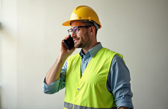 Male engineer wearing safety gear using mobile phone indoors. Construction worker talking on smartphone. Modern technology, communication, digital connection, business discussion.