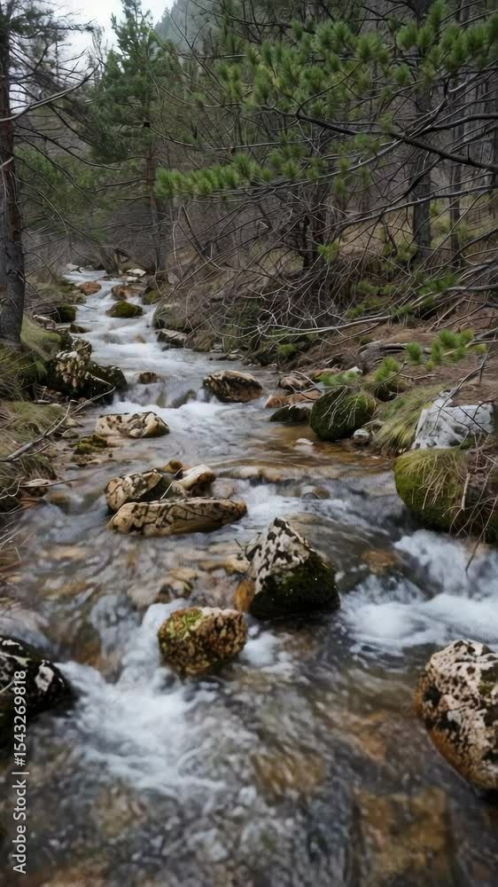 Poster a stream of water flows through a forest with rocks and trees. the water is clear and the rocks are 