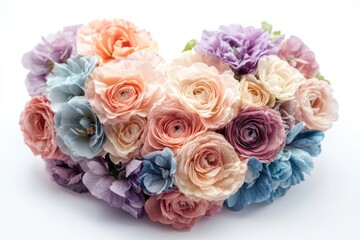 Pastel Ranunculus Heart Elegant Floral Arrangement for Valentine s Day Romance on White Background. Generative Ai