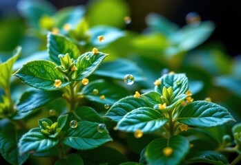 close up of stevia leaves glowing with sweet compounds, molecular structures floating, symbolic of sugar replacement without blood sugar spike, vibrant green and scientific style.