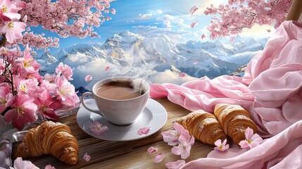 A serene morning scene with a cup of coffee, croissants, and pink flowers, set against a breathtaking mountain backdrop.
