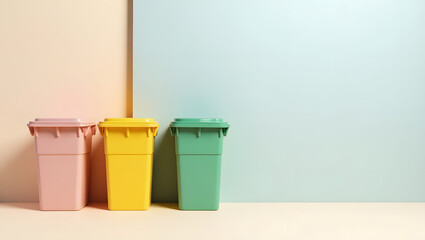 Minimalist Flat Lay of Colored Recycling Bins for Paper, Plastic, and Metal on Pastel Background