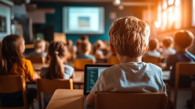A group of children attentively watch a presentation from their desks while using laptops, depicting the modern educational landscape filled with learning and collaboration.