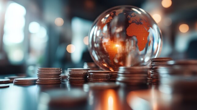 This image captures a world globe cradled by stacks of coins, symbolizing the intricate relationship between global economics and wealth distribution in modern society.