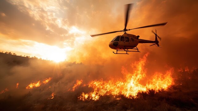A helicopter flies over a raging wildfire, dropping water in a dramatic scene that highlights the struggle against nature and the efforts to contain forest fires.