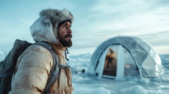 A rugged man stands contemplatively amidst the icy landscape, showcasing resilience and the spirit of adventure in the harsh northern environment.