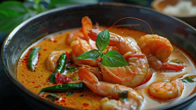 Shrimp in a spicy Thai soup with lemongrass, chili pepper and kaffir lime leaves.