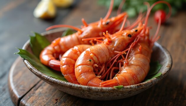 Close-up cooked langoustines arranged on ceramic plate. Rustic wooden table setting with green leaf. Culinary appetizer with fresh seafood delicacy. Delicious, tasty, healthy meal.