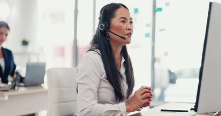 Business woman, consultant and wave with headset for video call or online communication at office. Female person, agent or virtual assistant with mic on computer for CRM, advice or help at workplace - Powered by Adobe