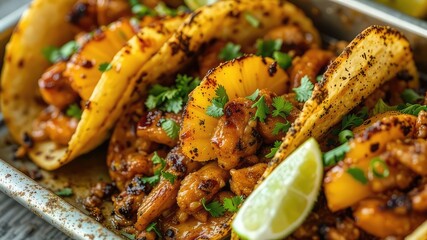 Grilled Pineapple Chicken Tacos in Metal Tray - Delicious Street Food