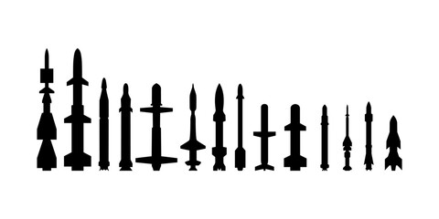 Black missile icon collection. Combat rocket weapons. Set of weapon and rocket symbol. Missile silhouette collection. Vector eps 