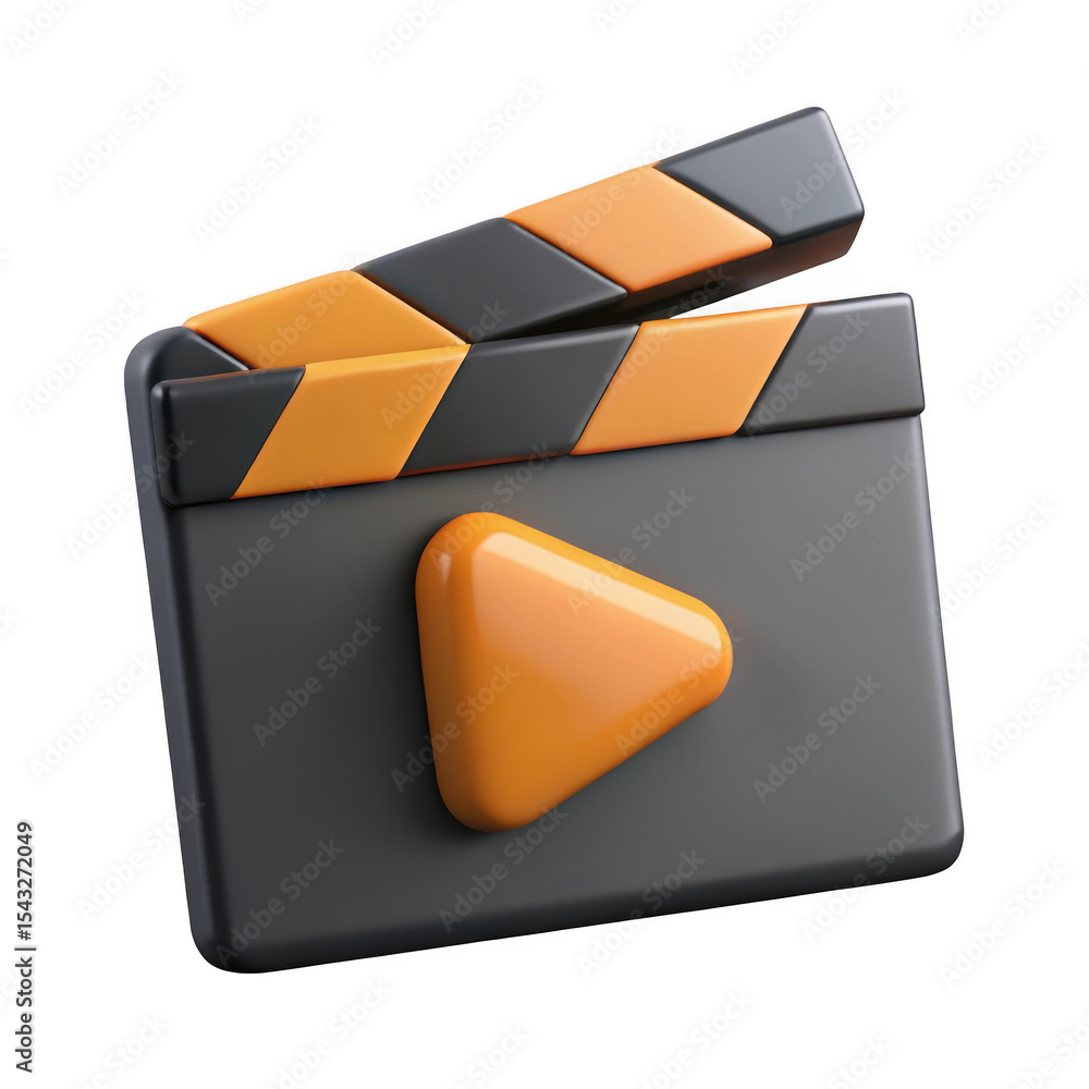 Poster 3d realistic clapperboard with play button isolated on transparent background
