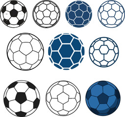 Nine Soccer Balls Variations Black White and Blue Color Palette Graphic Design Elements Set