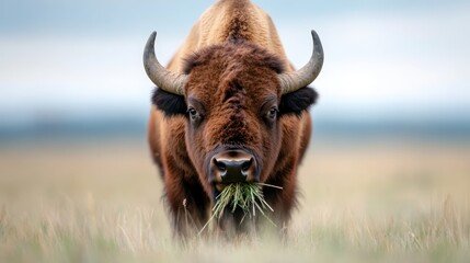 A majestic bison stands prominently in a field, capturing the essence of wildlife and the serene beauty of nature in an expansive landscape.