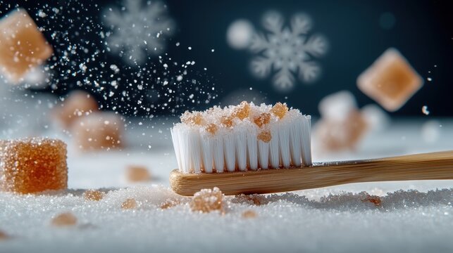 An artistic arrangement of a toothbrush with sugar scattered around, creatively blending everyday items with elements of health and indulgence.