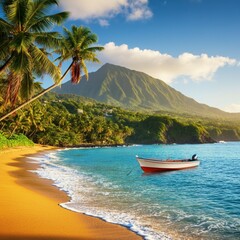 Tropical Summer Beach with Palm Trees, Clear Water, and Mountain View.