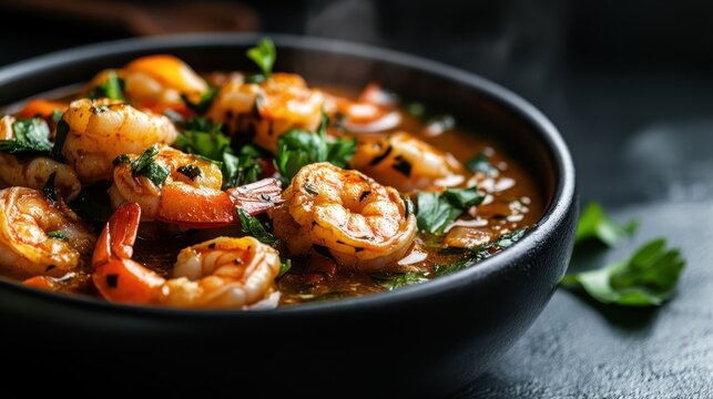 A delicious bowl of shrimp cooked to perfection with vibrant spices and fresh herbs, showcasing culinary artistry and vibrant colors for a delicious visual feast.