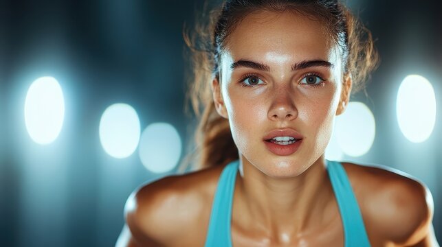 A close-up of a woman showcasing focus and determination during her workout, illuminated by soft lighting, highlighting her youthful energy and resilience. - Powered by Adobe