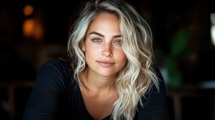 A captivating portrait of a woman with flowing blonde hair and striking hazel eyes, conveying a sense of warmth and approachability in a soft, ambient setting.