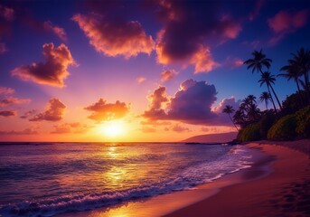 Stunning Tropical Beach Sunset with Palm Trees in Summer.