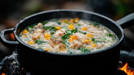 A savory pot of soup bubbling over an open campfire, showcasing a rustic and communal cooking experience in a natural outdoor setting, perfect for gatherings.