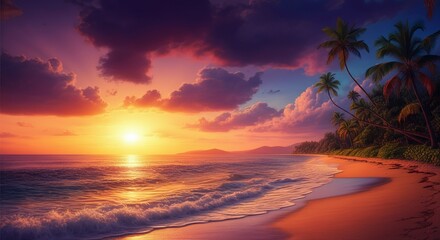 Stunning Tropical Beach Sunset with Palm Trees in Summer.