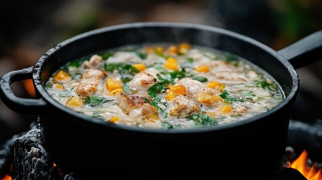 A savory pot of soup bubbling over an open campfire, showcasing a rustic and communal cooking experience in a natural outdoor setting, perfect for gatherings.