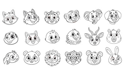Cartoon Animal Faces Coloring Page for Kids