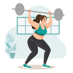 Plus-Size Woman Lifting Barbell – Body Positive Strength Training Illustration