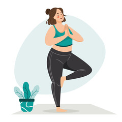 Plus-Size Woman Practicing Yoga in Tree Pose – Body Positive Wellness Illustration