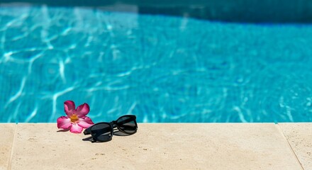 Summer Poolside Vibes with Sunglasses and Tropical Flower.