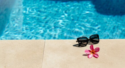Summer Poolside Vibes with Sunglasses and Tropical Flower.