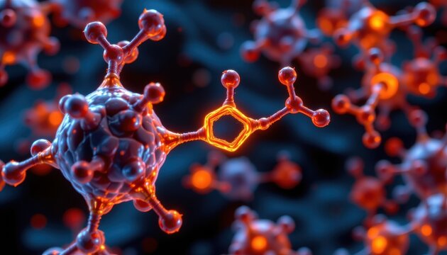molecular structure of cinnamaldehyde binding to cholesterol enzymes, glowing chemical bonds illustrating cholesterol control.