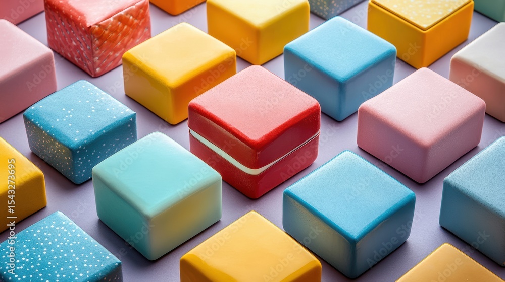Poster vivid arrangement of colorful cube shaped boxes casting subtle shadows on a smooth light violet back