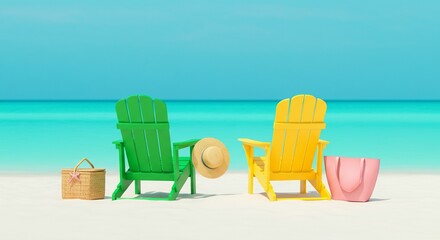 Colorful Beach Chairs on White Sand by Turquoise Sea – Perfect Summer Escape.
