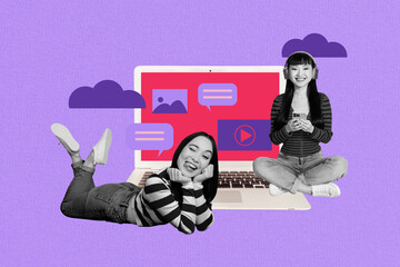 Banner full 3d photo image collage of two happy girls sit laptop social media notification...